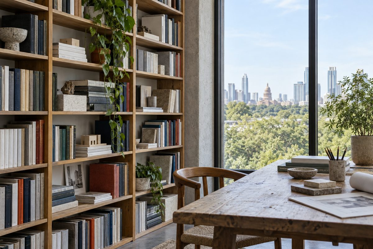 Studio reference library shelves and architectural monographs in the Austin workspace
