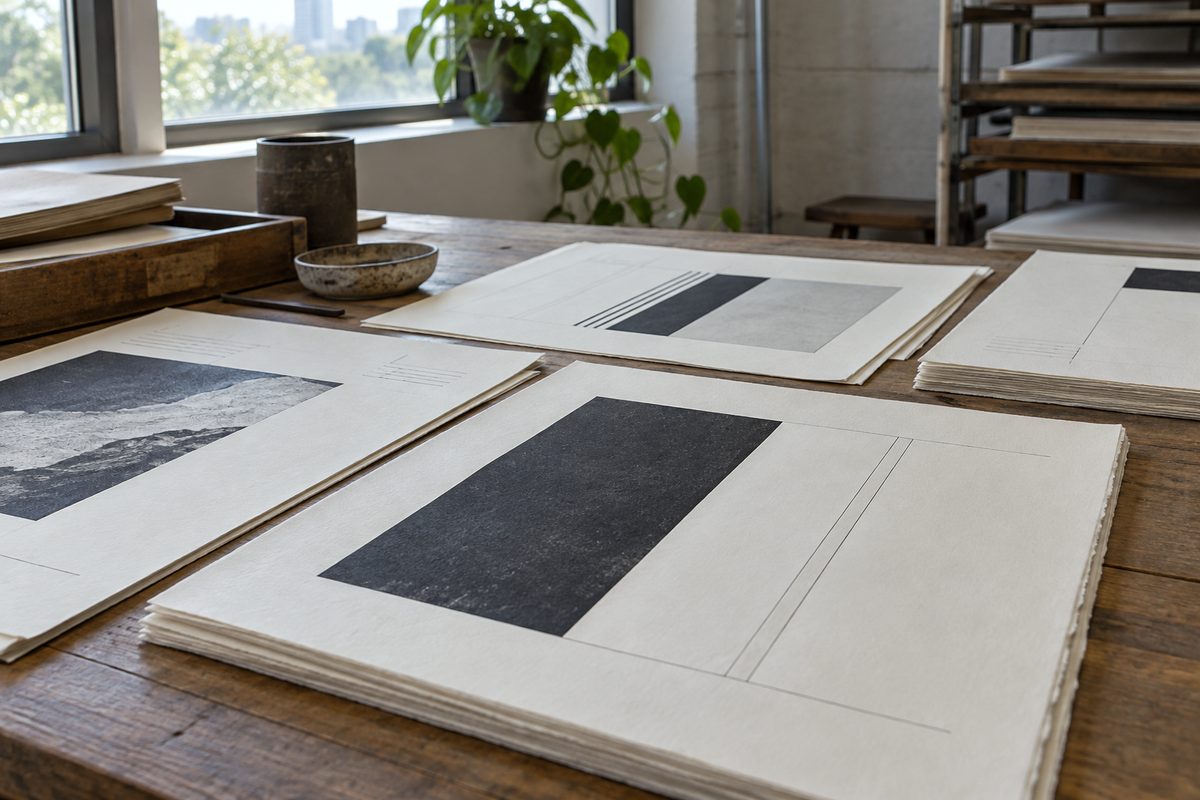 Uncut printed publication sheets showing high-contrast serif type and fine hairline rules