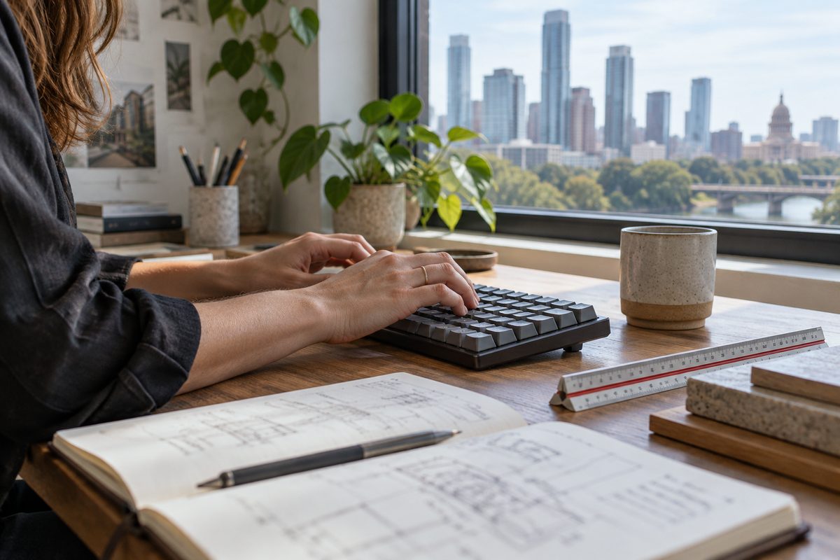 Hands typing frontend code on a mechanical keyboard beside an architectural scale ruler